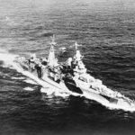 USS New York (BB-34) pitching into heavy seas while en route from Casablanca on convoy escort duty, March 1943.